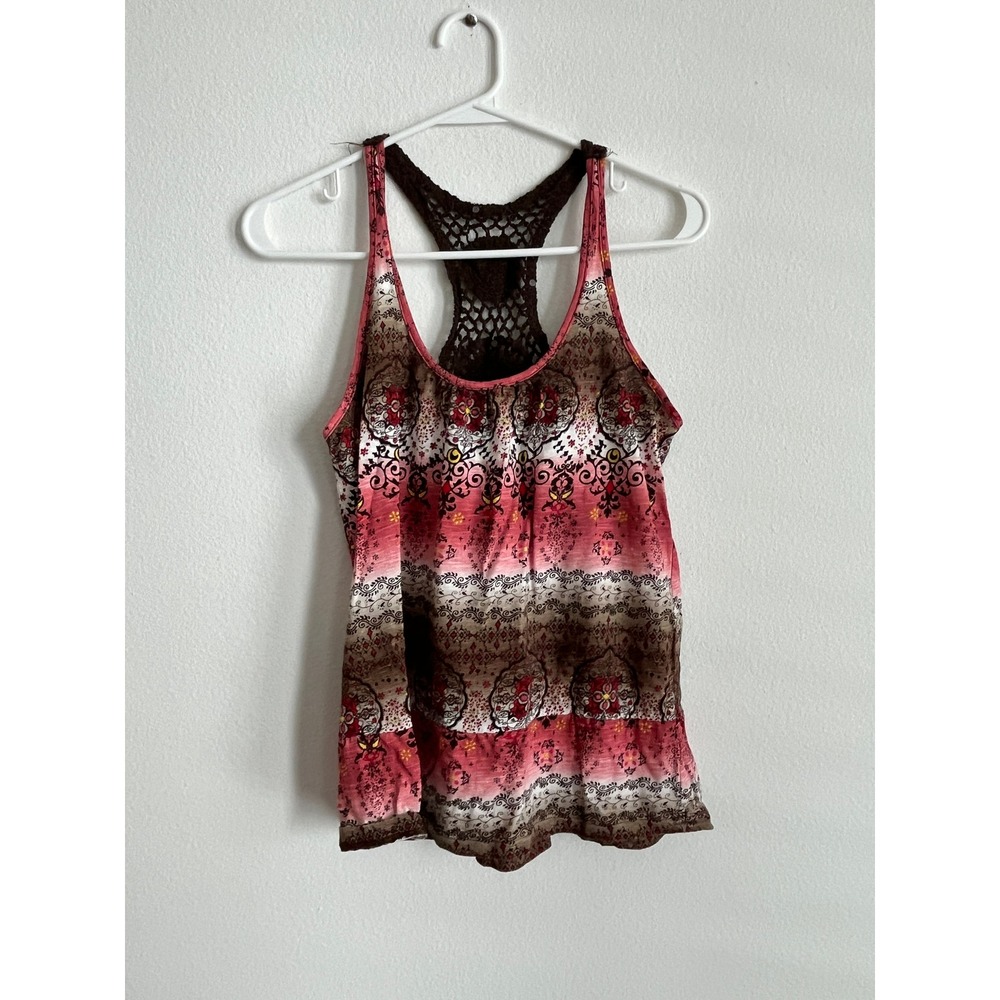 Mandee Pink Brown Paisley Crochet Racerback Tank Top Boho Sleeveless Shirt Large